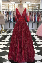 Load image into Gallery viewer, Unique Burgundy Sequins Tulle Prom Dress V Neck A Line Backless Prom Dresses RS596