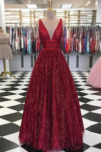 Unique Burgundy Sequins Tulle Prom Dress V Neck A Line Backless Prom Dresses RS596