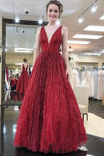 Load image into Gallery viewer, Unique Burgundy Sequins Tulle Prom Dress V Neck A Line Backless Prom Dresses RS596