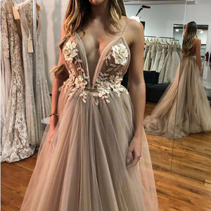 Unique Floral Embroidered V Neck Backless Spaghetti Straps Prom Dresses with Flowers RS974