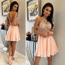 Load image into Gallery viewer, Unique Halter Chiffon Criss Cross Beads Short Sweet 16 Dresses Homecoming Dresses H1255