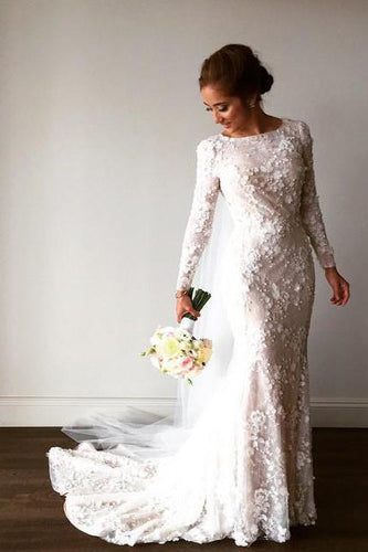 Unique Long Sleeve Mermaid Lace Wedding Dresses with Beads Wedding Gowns RS828