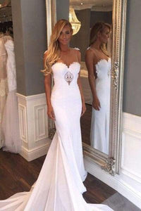 Unique Mermaid Sheer Neck Wedding Dresses with Lace Unique Ivory Bridal Dresses RS920