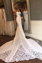 Load image into Gallery viewer, Unique Mermaid Sheer Neck Wedding Dresses with Lace Unique Ivory Bridal Dresses RS920