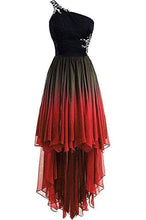 Load image into Gallery viewer, Unique One Shoulder Ombre Black and Red High Low Homecoming Dresses with Beads H1040