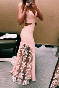 Unique Pink Lace Satin Mermaid Long Prom Dresses V Neck Cheap Evening Dresses RS673