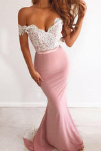 Load image into Gallery viewer, Unique Pink Off the Shoulder Mermaid Lace Long Prom Dresses Cheap Party Dresses P1127