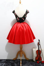 Load image into Gallery viewer, Unique Red Satin Cap Sleeves Scoop Belt Flowers Homecoming Dresses with Lace up H1233
