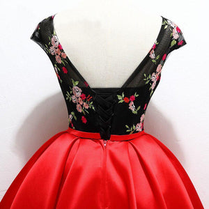 Unique Red Satin Cap Sleeves Scoop Belt Flowers Homecoming Dresses with Lace up H1233