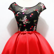 Load image into Gallery viewer, Unique Red Satin Cap Sleeves Scoop Belt Flowers Homecoming Dresses with Lace up H1233