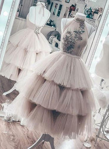 Unique Short Layered Tulle High Neck Backless Short Prom Dress Homecoming Dresses RS938