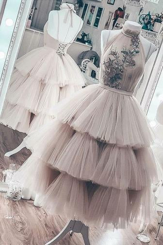 Unique Short Layered Tulle High Neck Backless Short Prom Dress Homecoming Dresses RS938