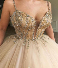 Load image into Gallery viewer, Unique Spaghetti Straps V Neck Beads Ball Gown Tulle Prom Dresses Quinceanera Dresses P1112