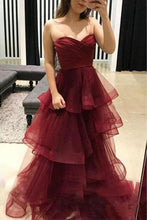 Load image into Gallery viewer, Unique Sweetheart Burgundy Ruffles Organza Layered Skirt Prom Dresses RS439