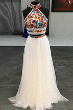 Load image into Gallery viewer, Unique Two Pieces Embroidery High Neck Open Back Tulle Prom Dresses Evening Dresses P1028