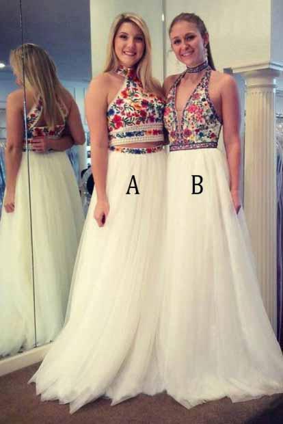 Unique Two Pieces Embroidery High Neck Open Back Tulle Prom Dresses Evening Dresses P1028