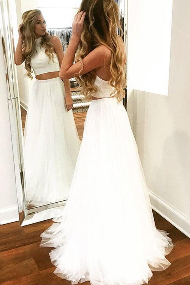 Unique Two Pieces White Halter Tulle Prom Dresses Long Cheap Dance Dresses RS711