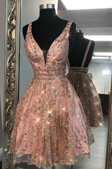 Unique V Neck Pink Beads Backless Homecoming Dresses Short Prom Dresses H1178
