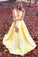Unique Yellow Satin Prom Dresses with V Neck V Back Straps Long Formal Dresses RS486