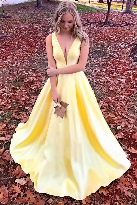 Unique Yellow Satin Prom Dresses with V Neck V Back Straps Long Formal Dresses RS486