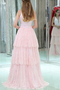 V-Neck Sleeveless Lace Long Pink Prom Dresses With Beading Tiered Evening Dress RS460
