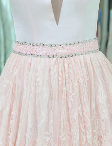 V-Neck Sleeveless Lace Long Pink Prom Dresses With Beading Tiered Evening Dress RS460