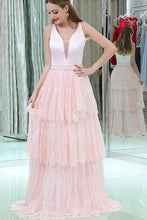 Load image into Gallery viewer, V-Neck Sleeveless Lace Long Pink Prom Dresses With Beading Tiered Evening Dress RS460