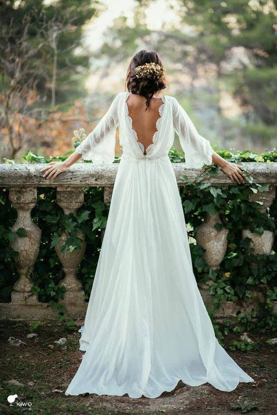 Chiffon Elegant Sexy Long Sleeves and Flirty P-a-boo Back Wedding Dress RS67