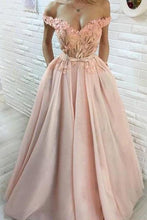Load image into Gallery viewer, A Line Hand-Made Flower Long Off the Shoulder Sweetheart Prom Dresses with Pockets RS256