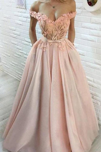 A Line Hand-Made Flower Long Off the Shoulder Sweetheart Prom Dresses with Pockets RS256