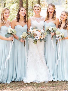 Simple A-Line Sweetheart Light Blue Long Spaghetti Straps Chiffon Bridesmaid Dress with Pleats RS266