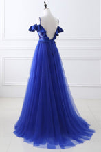 Load image into Gallery viewer, Unique Royal Blue Spaghetti Straps Off the Shoulder Ruffle Appliques Beaded Prom Dresses RS84