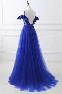 Unique Royal Blue Spaghetti Straps Off the Shoulder Ruffle Appliques Beaded Prom Dresses RS84