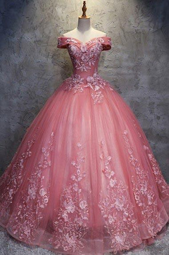 Ball Gown Off-the-Shoulder Watermelon Tulle Sweetheart Cheap Wedding Dresses with Appliques RS271