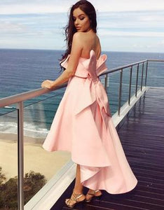 A Line Unique Strapless High Low Pink Satin Bridesmaid Dresses with Bowknot RS14