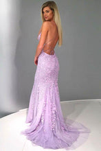 Load image into Gallery viewer, Sexy Mermaid Spaghetti Straps Lilac Tulle Lace Prom Evening Dresses with Appliques RS73