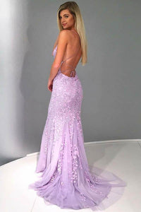 Sexy Mermaid Spaghetti Straps Lilac Tulle Lace Prom Evening Dresses with Appliques RS73