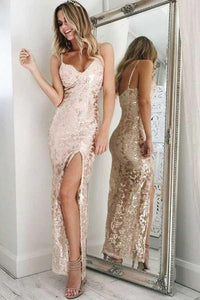 Mermaid Ankle Length Pearl Pink Spaghetti Straps V Neck Sequins Split Prom Dresses RS09