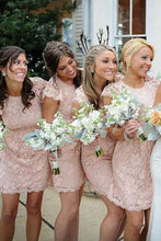 Load image into Gallery viewer, Sheath Crew Short Cap Sleeves High Neck Pink Lace Open Back Prom Bridesmaid Dresses RS714