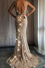 Load image into Gallery viewer, V Neck Long Mermaid Rhinestone Beaded Luxury Prom Dresses Backless Party Dresses RS453