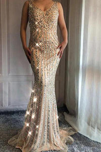 V Neck Long Mermaid Rhinestone Beaded Luxury Prom Dresses Backless Party Dresses RS453