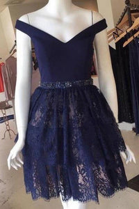 V Neck Navy Blue Straps Beads Lace Homecoming Dresses Short Prom Dresses H1185