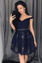 Load image into Gallery viewer, V Neck Navy Blue Straps Beads Lace Homecoming Dresses Short Prom Dresses H1185