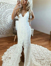 Load image into Gallery viewer, V Neck Spaghetti Straps Backless Lace Boho Wedding Dress With Split Mermaid Bridal Dress RS999