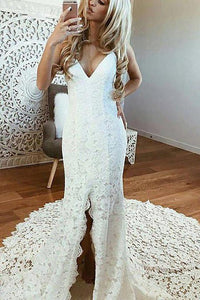 V Neck Spaghetti Straps Backless Lace Boho Wedding Dress With Split Mermaid Bridal Dress RS999