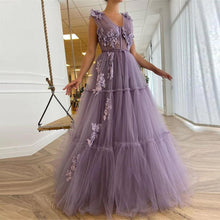 Load image into Gallery viewer, Elegant Tulle A Line Long Prom Dresses Sheer V Neck 3D Flowers Evening Dresses
