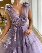 Load image into Gallery viewer, Elegant Tulle A Line Long Prom Dresses Sheer V Neck 3D Flowers Evening Dresses
