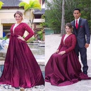 Open Back Lace Long Sleeve Deep V-Neck A-Line Button Long Cheap Prom Dresses RS954