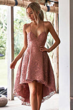Load image into Gallery viewer, Vintage Dusty Rose High Low Lace Homecoming Dresses with Pocket V Neck Short Prom Dress RS952