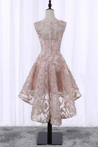 Vintage High Low Round Neck Lace Appliques Pink Homecoming Dresses with Straps H1193